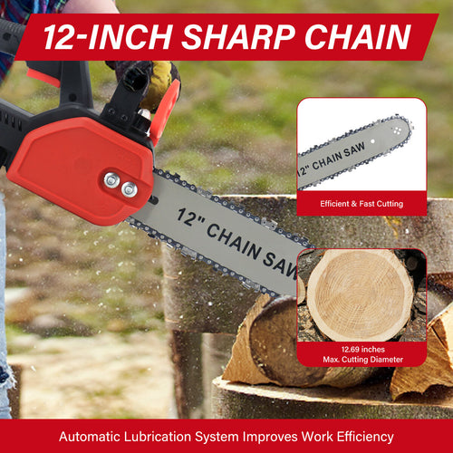 12 Electric Cordless Chainsaw Brushless Handheld Wood Saw  2 Battery & Charger